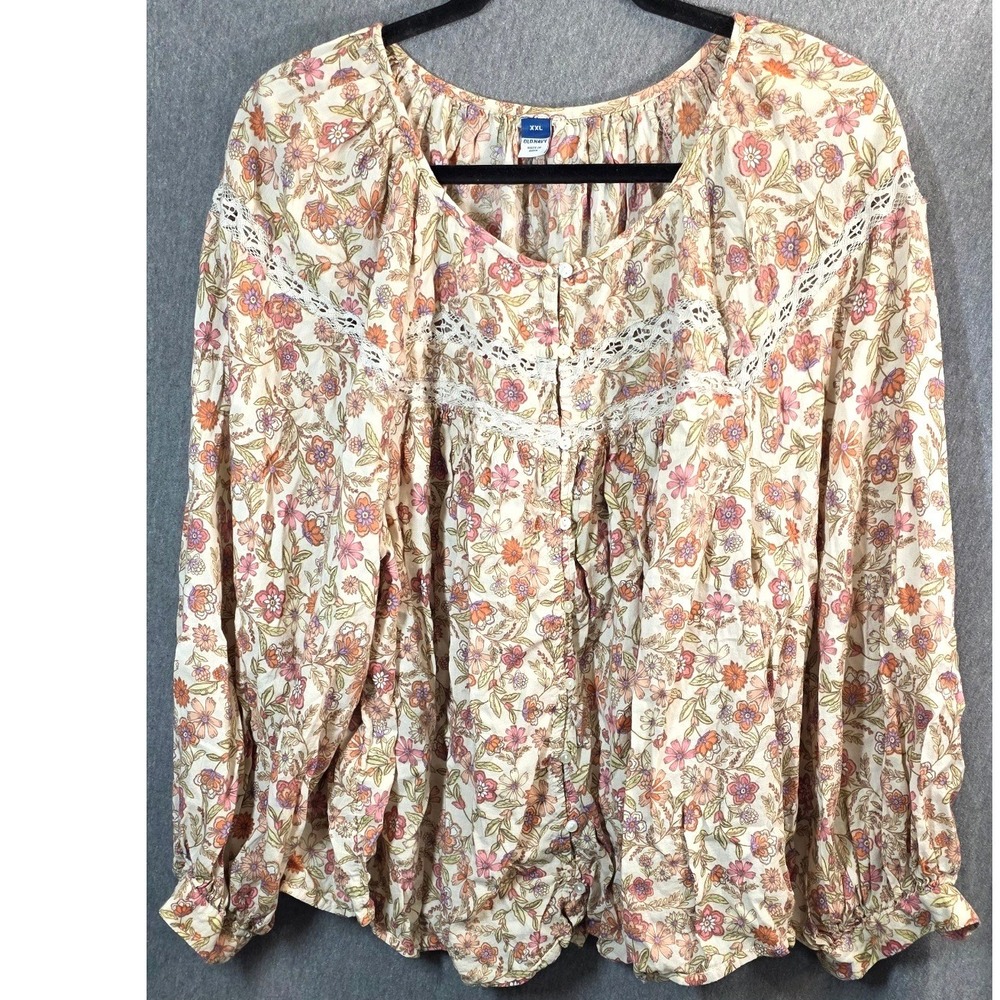 Old Navy Floral Peasant Boho Blouse Lace Plus Size XXL XX 2X Floral Peach Button